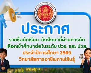 ประกาศรายชื่อนักเรียน–นักศึกษาที่ผ่านการคัดเลือกเข้าศึกษาต่อในระดับ ปวช. และ ปวส.  